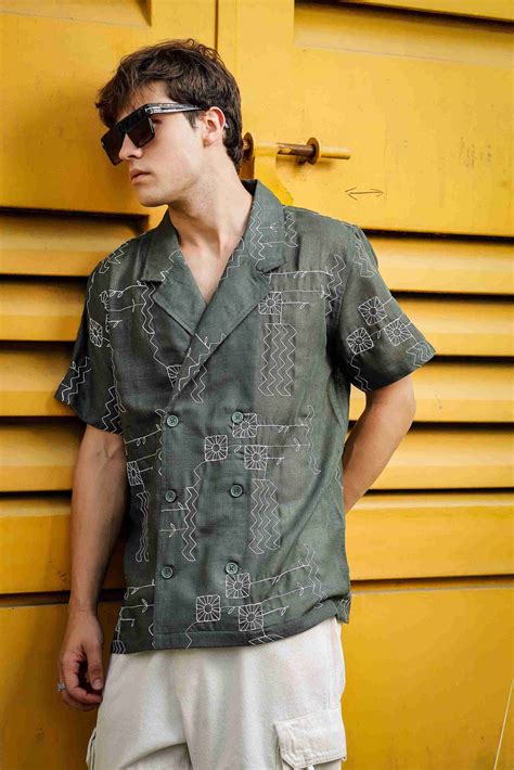 Linen Blend Olive Korean Notched Lapel Collar Resort Shirt – House of Koala