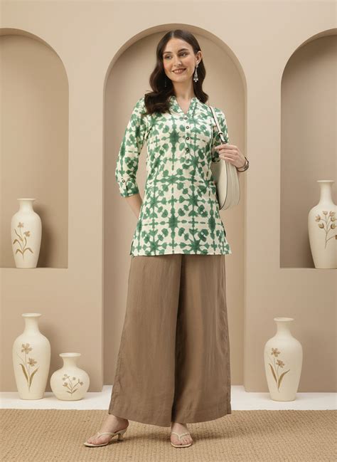 Green Mandarin Collar Ethnic Printed Linen Tunic – Amukti - The Women's ...