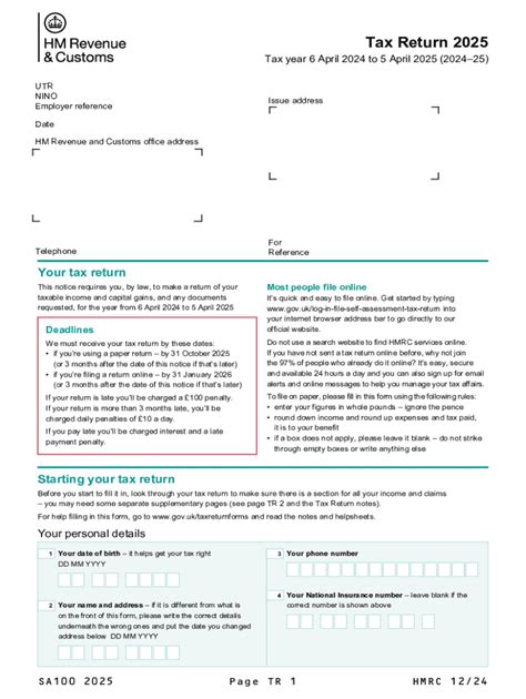 2025 UK Form SA100 - Blank Fillable Template | Fill Out, Print ...
