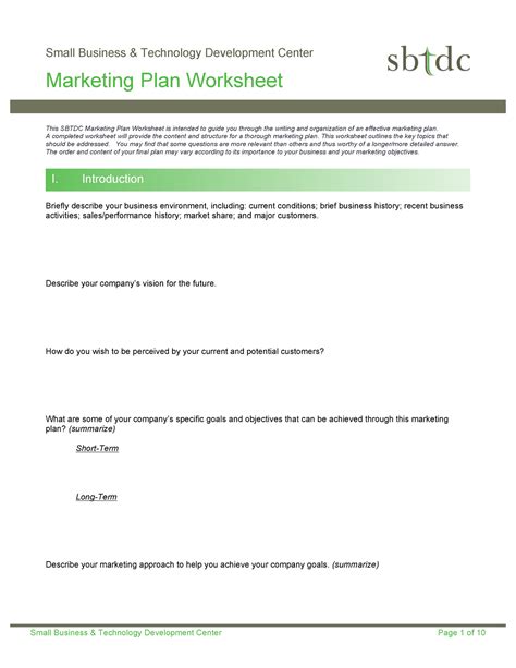 Marketing plan worksheet - This worksheet outlines the key topics ...