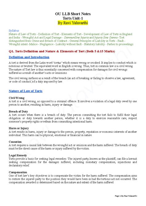Torts Shortnotes By Ravi Yalavarthi - Ravi Yalavarthi OU LLB Short ...