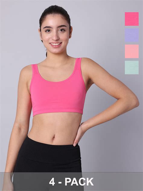 Pack of 4 Double Layered Multicolor Active Bra. Non Padded, Non Wired ...