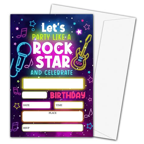 Neon Rock Music Birthday Party Invitation Cards - Boys or Girls ...