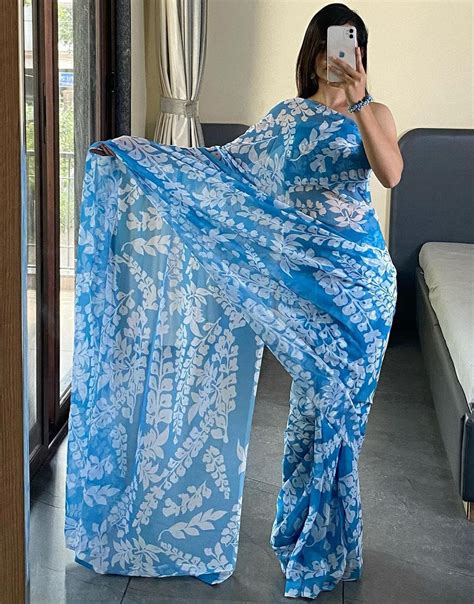Dodger Blue Pure Soft Georgette With Printed Ready To Wear Saree ...