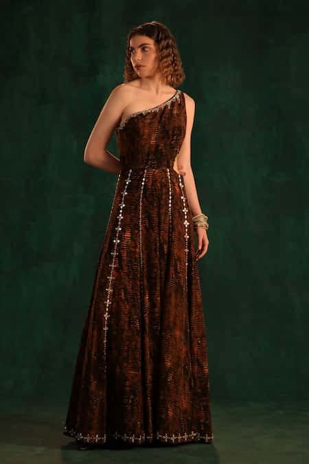 Buy Black Crepe Printed Tree Bark Asymmetric One Shoulder Jumpsuit For ...