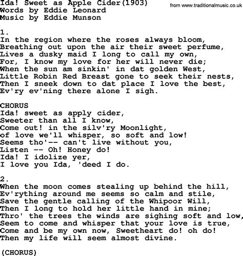 World War One(WW1)Era Song Lyrics for: Ida Sweet As Apple Cider 1903