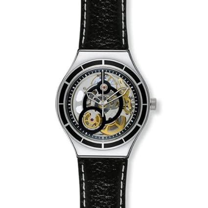 Swatch Introspective Skeleton Dial Black Leather Unisex Watch YAS108 ...