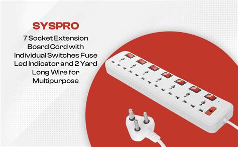 SYSPRO 7 Socket Extension Board Cord with Individual Switches Fuse Led ...