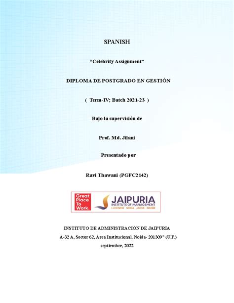 PGFC2142 Spanish Assignment - SPANISH “Celebrity Assignment” “DIPLOMA ...