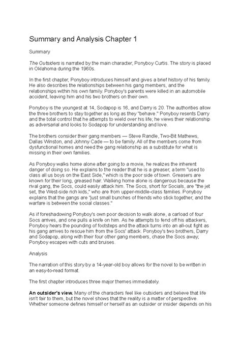 Summary and Analysis The Outsiders - Summary and Analysis Chapter 1 Summary The Outsiders is ...