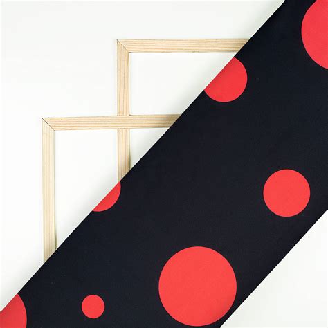 Black And Candy Red Polka Dot Pattern Digital Print Poly Micro Crepe F ...