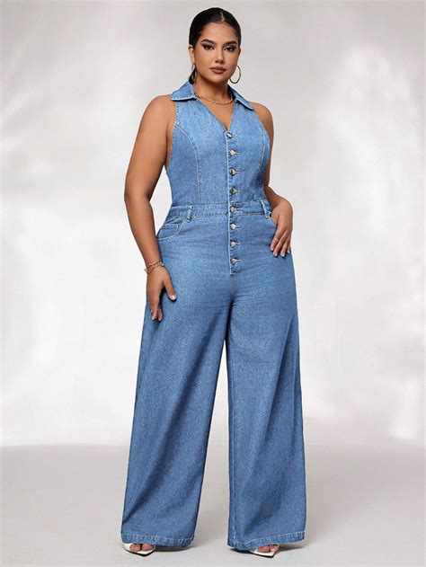 SHEIN SXY Plus Size Women's Solid Color Casual Sleeveless Denim ...