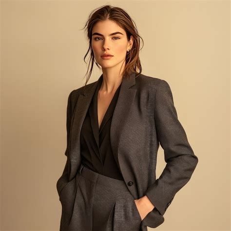 A young woman in a gray blazer and matching pants with her hands in her ...