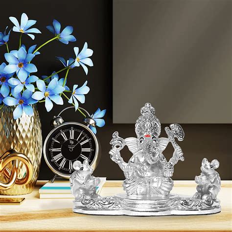 DIVINITI 999 Silver Plated Ganesha and Mooshak Idol For Home Decor, Ta ...
