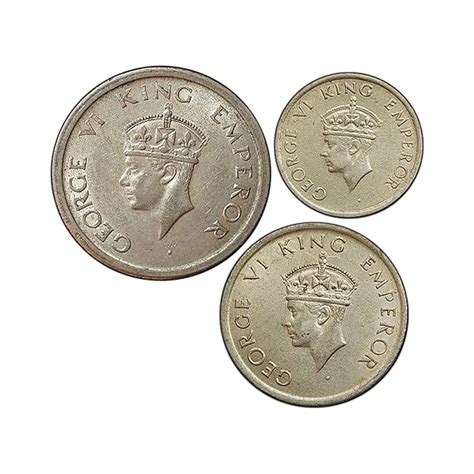 COINIACS Set of One, Half & Quarter Rupee 1946-47 George VI King Nickel ...