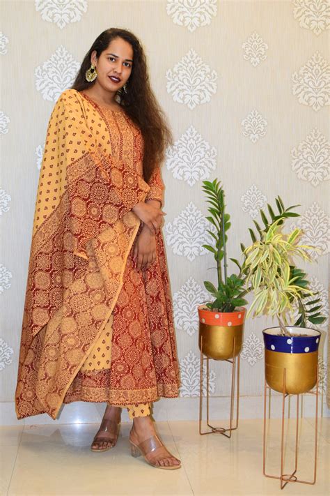 Maroon Sanganeri Print cotton Anarkali Suit – Jaipur Hand Block