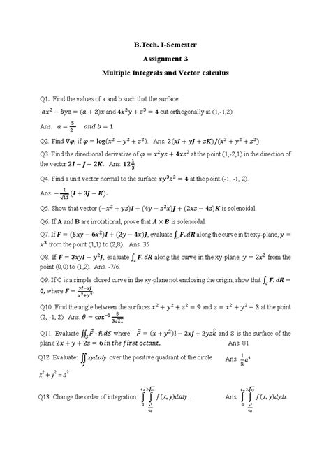 B.Tech. Assignment III: Multiple Integrals & Vector Calculus Solutions ...