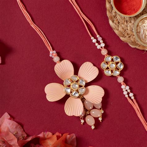 Peach Flower Kundan Couple Rakhi- Designer Rakhi for Bhai Bhabhi ...