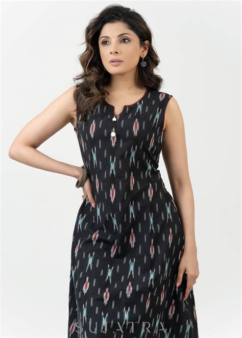 Smart Black Cotton Ikat Sleeveless Kurta - Pant Optional – Sujatra