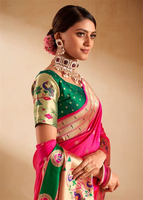 Hot Pink Woven Paithani Silk Saree With Contrast Blouse – Zari Banaras