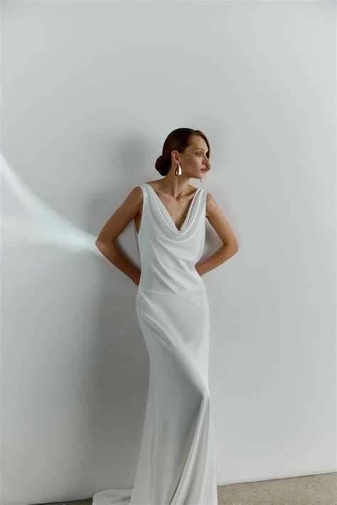 Satin Cowl Neck Wedding Dress Minimalist Slip Wedding Dress Bias Cut Sheath Wedding Dress Cowl ...