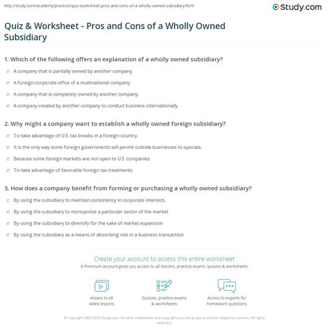 Quiz & Worksheet - Pros and Cons of a Wholly Owned Subsidiary | Study.com