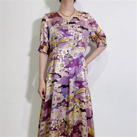 60s purple flower printed long dress【822】 | LEMON