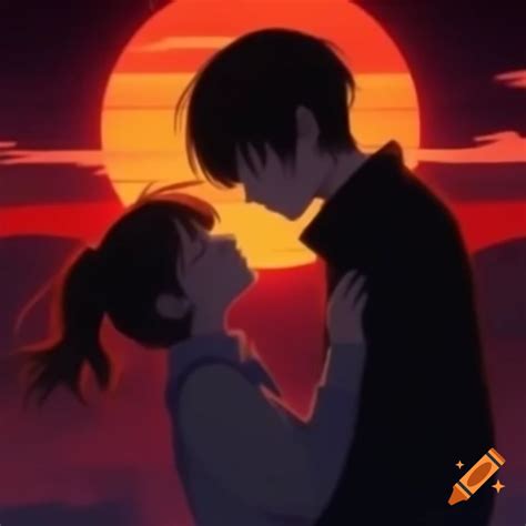 Tender kiss between two figures under a blushing sunset on Craiyon