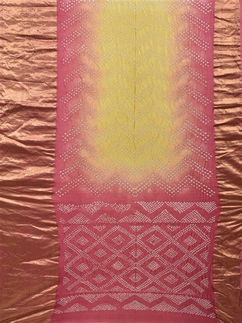 Yellow and Peach Bandhani Kanchipuram Silk Handloom Saree with Border ...