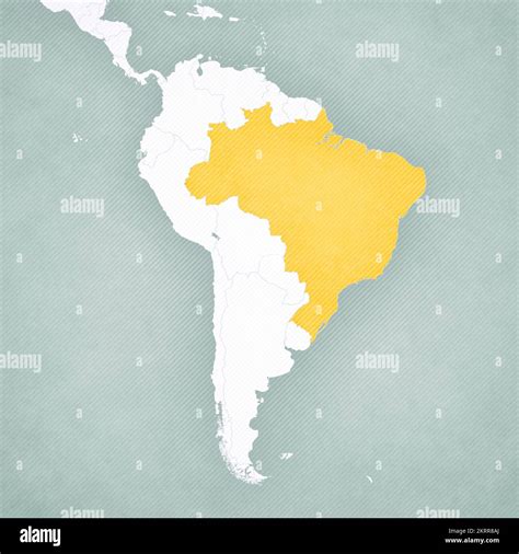Brazil on the map of South America with softly striped vintage ...