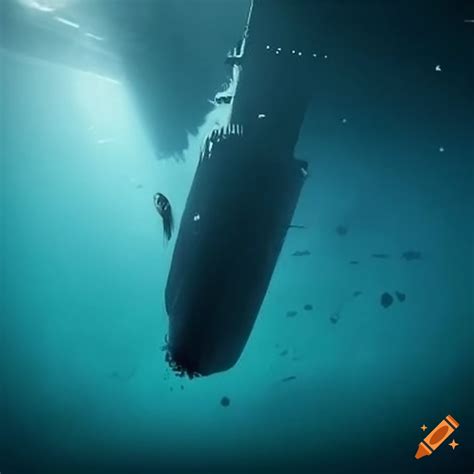 Submarine sinking into a dark trench