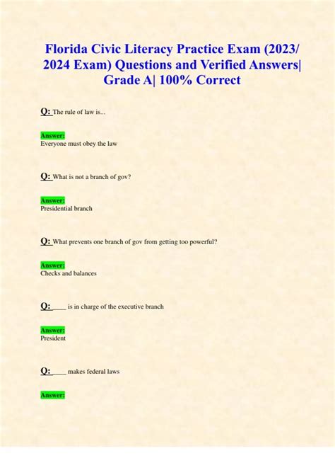 Florida Civic Literacy Practice Exam (2023/ 2024 Exam) Questions and ...