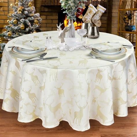 Large Stag Cream Gold Christmas Table Cloth Range