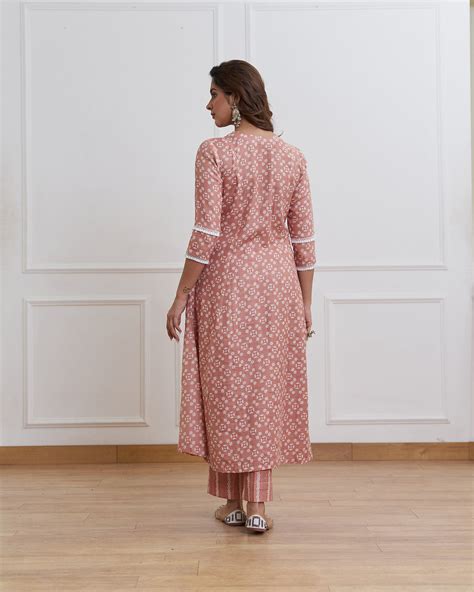 Pink Cotton Ghera Flower Print Kurta Set – CottonThreads.com