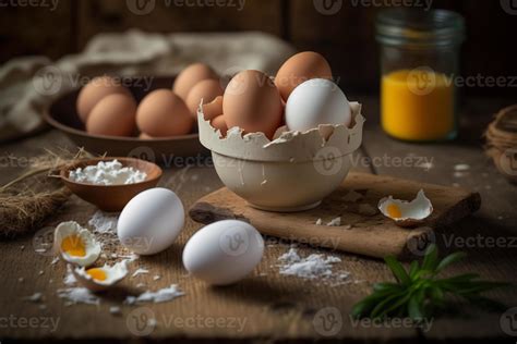 Chicken eggs, brown and white eggs on a table. Eggs ready to be used ...