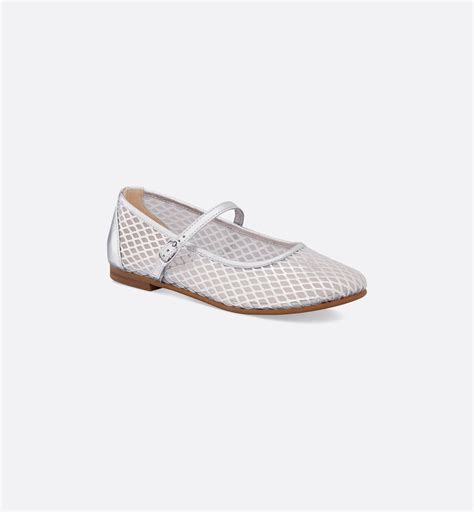 Kids' Ballet Flat Silver-Tone Smooth Lambskin and Ivory Tulle | DIOR