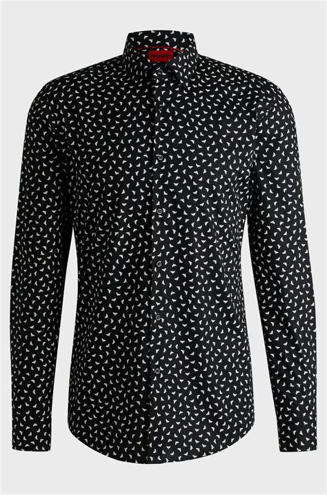 HUGO - Slim-fit shirt in printed cotton poplin - Black Patterned