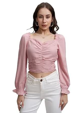 Tokyo Talkies Women's Square Neck Ruched Crop Top | Puff Sleeves | Chic ...