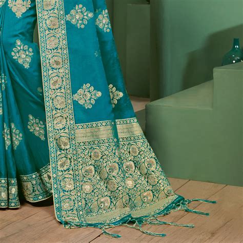 Peacock Blue Floral Pattern Zari Jacquard Bordered Art Tussar Silk Sar ...