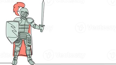 Single continuous line drawing medieval knight in armor, cape and ...
