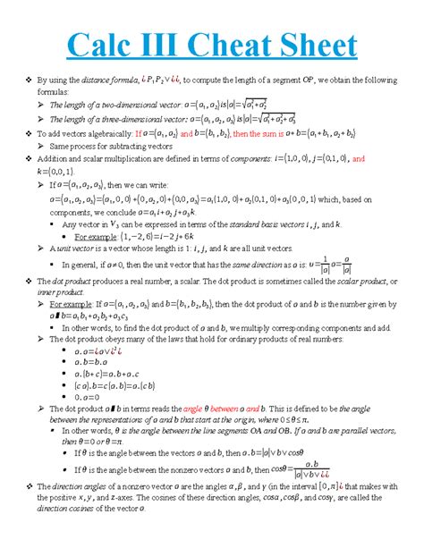 Calc III Final Exam Cheat Sheet: Vector Operations and Properties - Studocu