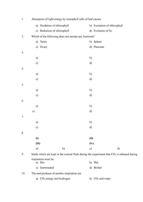 MCQs Class Xth with ans and corrections bio - Absorption of light ...