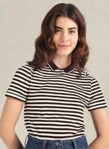 MACK JONNEY Striped Women Polo Neck Brown, White T-Shirt - Buy MACK ...