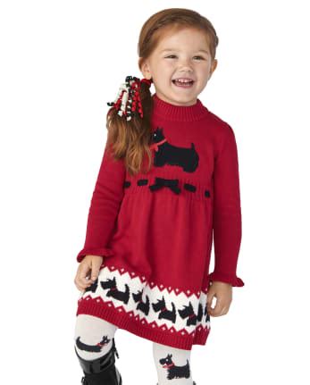 Girls Long Sleeve Applique Dog Sweater Dress - London Calling - RED ...