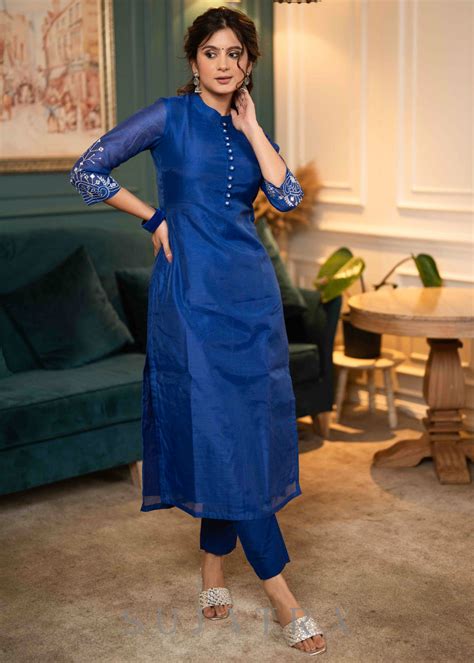 Beautiful Royal Blue Chanderi Kurta With Silver Embroidery On Sleeves ...