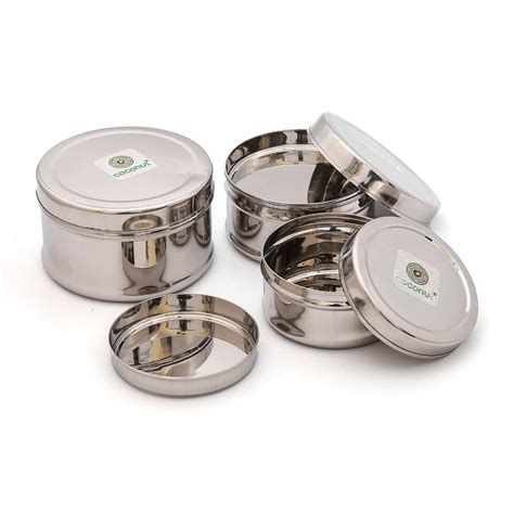 Coconut Stainless Steel Ferroro Puri Dabba with Plate - Set of 3 - (20 ...