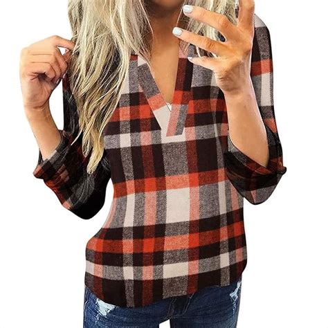 Buy Women Long Sleeve Flannel Plaid Shirt Pullover Sexy V Neck Tops ...
