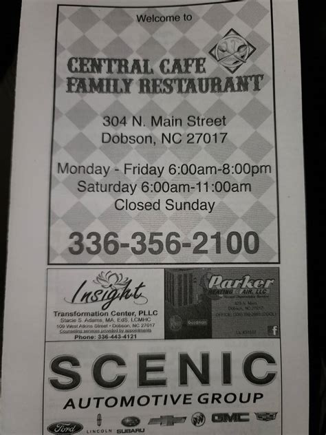 Menu at Central Cafe, Dobson