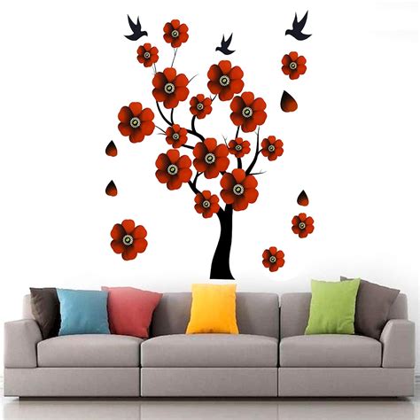Larbenz...The Digital Era PVC Red Flower Tree Wall Sticker (70 Cm X 50 ...