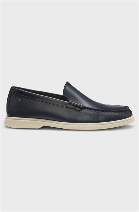 BOSS - Leather moccasins with embossed logo - Dark Blue